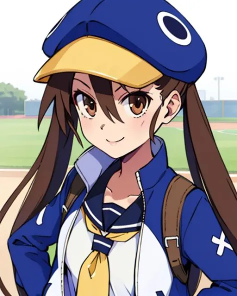 Fuka, brown hair with twintails, brown eyes, smiling, upperbody,  hands in jacket pockets, 
FuBB,blue headwear ,school uniform ,...