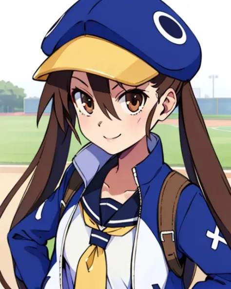 Fuka, brown hair with twintails, brown eyes, smiling, upperbody,  hands in jacket pockets, 
FuBB,blue headwear ,school uniform ,open jacket,yellow front-tie top, blue thighhighs,
baseball field, morning,
(insanely detailed, beautiful detailed face, masterpiece, best quality)    <lora:Fuka:0.8>