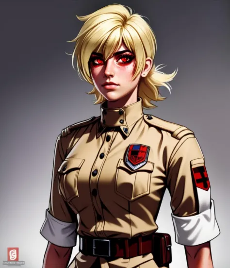 woman, serasvictoria, standing, (high quality, masterpiece), realistic, detailed, tan uniform,  lineart, digital painting, fang, (gloves:0.7), sleeves rolled up, hand, hair over one eye, red eyes, messy hair, sleeves rolled up, (skirt:0.7), gloves, blonde,...