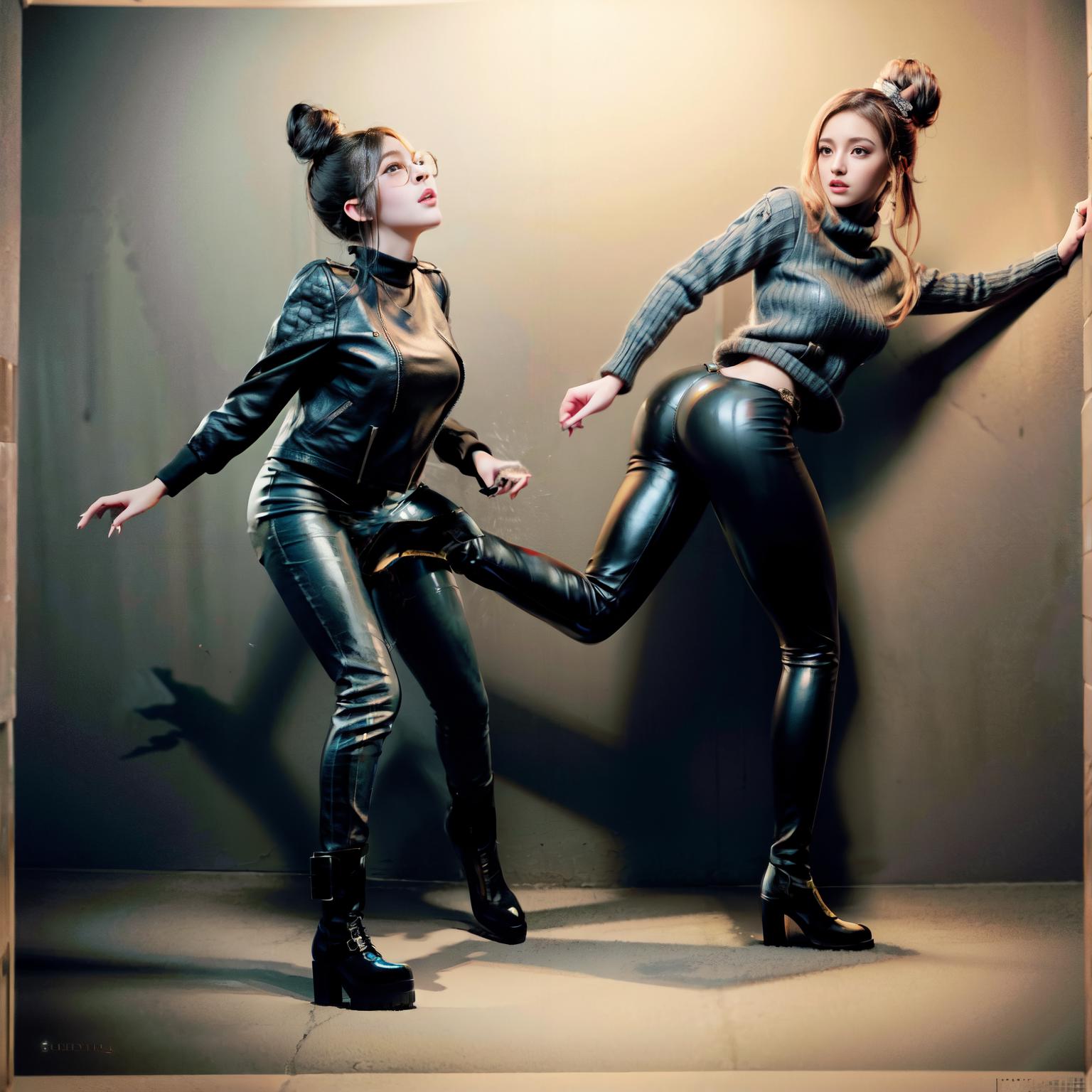 Two women in leather outfits are posing for a picture - SeaArt AI