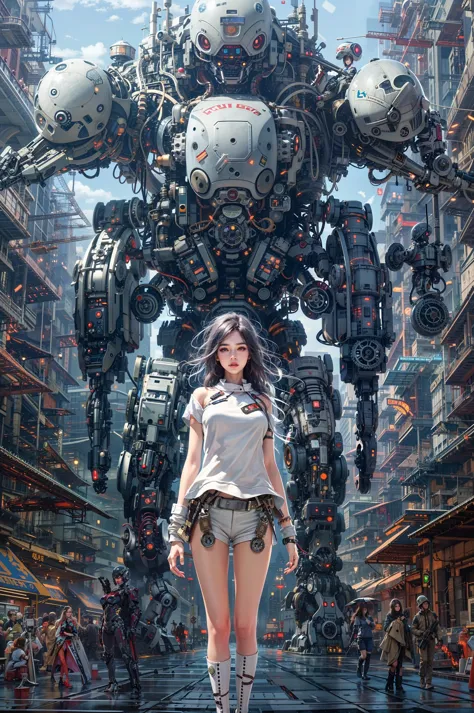 1girl, bridge, building, city, clock, gears, gun, long_hair, mecha, realistic, robot, scenery, science_fiction, solo, tower, (be...