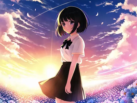 a young woman dressed in a white shirt and a black skirt, standing in a field of flowers. She is wearing a black bow tie and has a flower in her hair. The scene is set during sunset, creating a serene and picturesque atmosphere, masterpiece, best quality, cinematic composition, best lighting, 1girl, flower, solo, field, skirt, flower field, outdoors, black hair, shirt, black skirt, sky, bow, cloud, white shirt, standing, bowtie, black bow, sunset, short hair, looking at viewer, cloudy sky, light particle, petals, sparkle