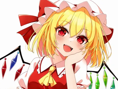 anime girl with blonde hair and red eyes sitting on a table