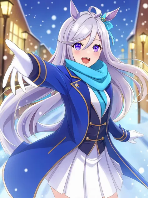 a young woman mejiro mcqueen (umamusume), with long silver hair, purple eyes, and fair skin. She is wearing a blue coat with a white collar and a white  pleated skirt. She is also wearing a pair of white boots and a blue scarf. The woman is standing in a snowy street, and she is reaching out her  hand to the viewer. The camera angle is from a slightly elevated position, and it is focused on the woman's face. The background is blurred, and it consists of a few blurry building lights. The woman is smiling, and she appears to be happy