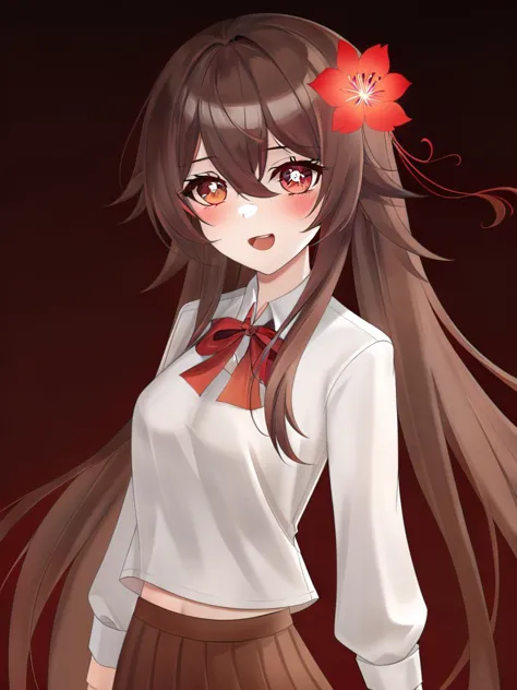 hu tao (genshin impact) has long, dark brown hair with a red flower in it. Her eyes are a bright orange, she has flat chest and her skin is fair. She is wearing  a white shirt with a red bow and a brown skirt. She is standing in front of a dark red background. The camera angle is from the chest up, and she is looking at the viewer with a playful expression on her face