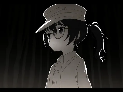 a young girl, wearing a hat and glasses. She is standing in a dark room, possibly a dark forest, with her hair in a ponytail. The girl appears to be looking up, possibly observing something or someone in the room