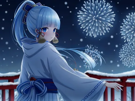 1girl, solo, japanese clothes, blue eyes, ponytail, holding, long hair, bangs, looking at viewer, kimono, snow, flower knot, blue hair, snowing, outdoors, white kimono, hair ornament, night, wide sleeves, hair ribbon, looking back, sidelocks, ribbon, tassel, mole under eye, mole, floating hair, tress ribbon, blunt bangs, long sleeves, hood, blush, light blue hair, sky, cowboy shot, from behind, winter, sash, night sky, Kamisato Ayaka, complex background, depth of field, cinematic compositions, best lighting, masterpiece