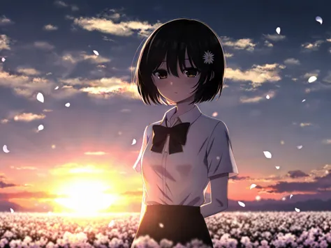 anime girl standing in a field of flowers with the sun setting