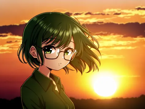 anime girl with glasses looking at the sunset