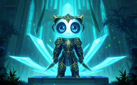 a cartoon panda bear standing in front of a giant sword