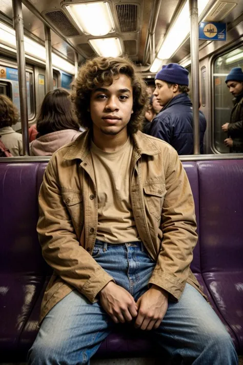 an analog photograph of a 1980's scene of an 20yo sexy light skin male in tight worn jeans and an urban jacket, 1980's hair styl...