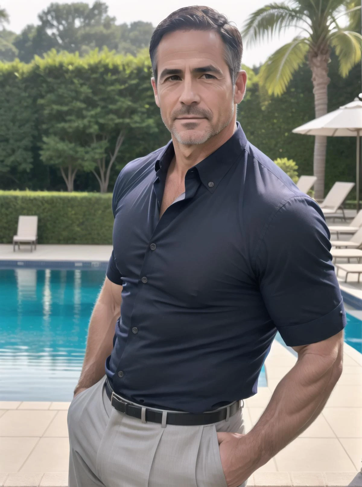 1man,cute,beautiful face,(portrait:1.2),Muscular,lean,
Short hair,Black hair,Full body,45 old man,Pectoral muscles,
Handsome,mature,stable,warm man,charming eyes,Hunter Biden,Muscular,
facing the audience,frontal,Gentlemen,
a man wearing Button-down shirt and dress trousers,swimming pool,