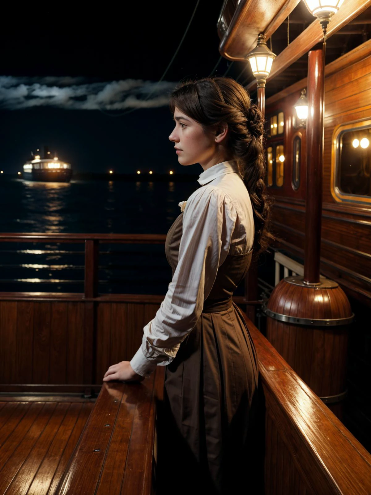 side view (analog style), A 18yo attractive female on in a steam boat for the first time. It is 10, and she is a poor merchant. She nervously stands against the rails on the deck and stares at the waves trying to calm her nerves (cinematic lighting:1.2 atmospheric:1.2)
