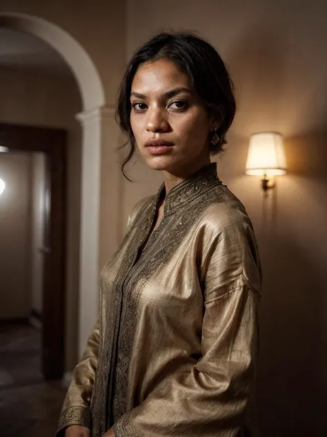 a woman in a gold jacket standing in a hallway