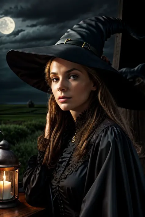 ((best quality)), masterpiece, (detailed), ((witch)), detailed night, long hat, stormy, contemplating,