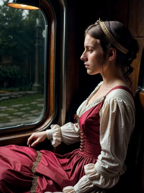 side view (analog style), A 18yo attractive female on in a carriage for the first time. It is 1790, and she is a poor merchant. ...