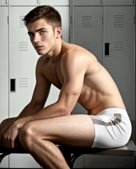 photorealistic image of a young and cute boy, body hair, soccer, detailed skin, huge bulge, (dynamic posture:1.3), (action shot), (clothes scattered),(locker room), (wearing tight white underwear),(side view),(full body:1.2),(athletic shoes:1.2), (undressi...