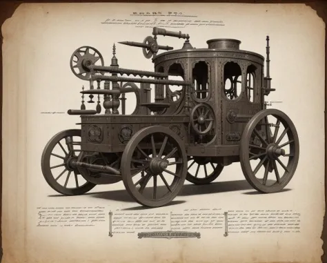(1890s-style photograph), hand drawn, cross hashes, graphite and ink, aged paper, steampunk style, finely detailed antique war machine schematic from the 1800's, desaturated color, sepia