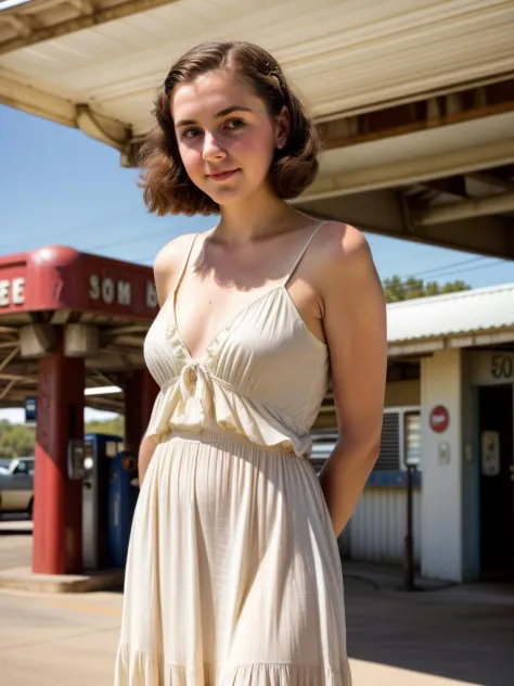 A retro analog style photograph of a 28yo feminine female wearing a clean beautiful sundress happily posing, High Detail, soft focus, dramatic, rustic  gas station in the 50's, indirect lighting casts soft shadows on the subject