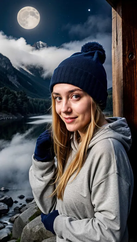 instagram photograph, photo of woman with blonde hair, selfie, upper body, solo, wearing pullover, outdoors, (night), mountains, real life nature, stars, moon, cheerful, happy, gloves, sweater, beanie, forest, rocks, river, wood, smoke, fog, looking at vie...