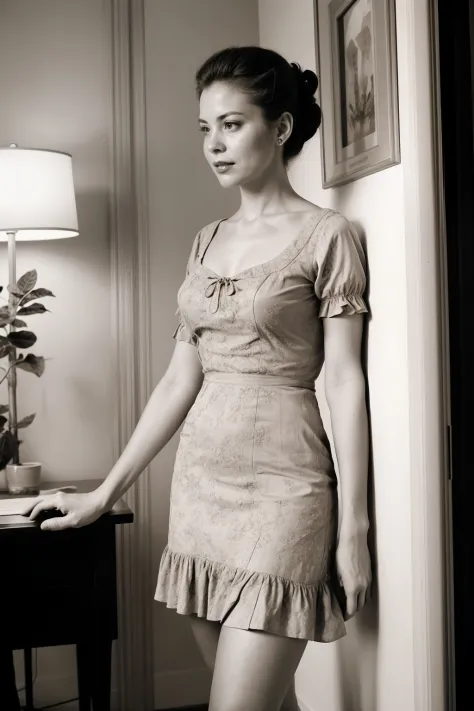 of an attractive female in a vintage dress in an executive office, perfect anatomy,  high quality, faded image, sepia