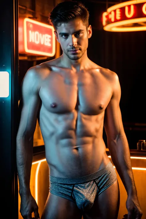 A professional photograph. The image is softened to deliver a dreamy and warm ambiance. The central focus is an exotic male model, 38 years old, confidently posing in front of a nightclub with neon signs. Every detail, from his bare chest, imperfect skin, ...