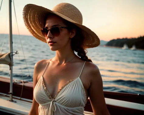 sexy 27yo French female, looking off into the distance, feminine skinny body, French braided red hair, floppy sun hat, sunglasses, on a sailboat, windy, BOKEH, detailed skin, detailed face, beautiful scenic sunset, sailboat, perfect anatomy, panties, (cine...