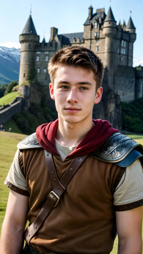analog style portrait, 18yo male, Scottish, cute, mythical fantasy warrior, scenic castle background, RAW, skin pores, detailed skin texture, finely detailed face