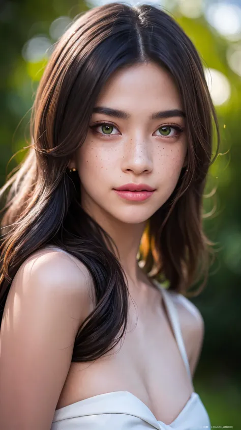 a woman with long hair and freckled dress posing for a photo