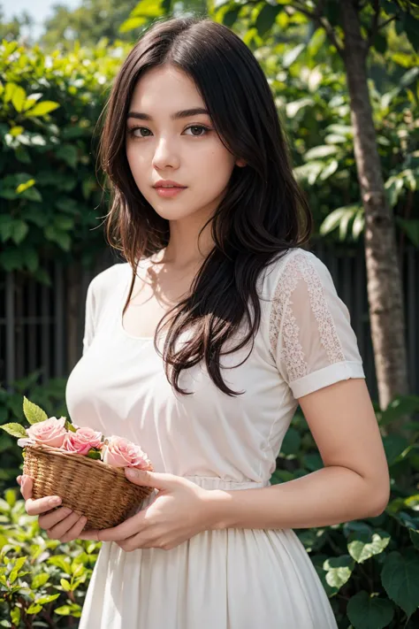 a woman in a white dress holding a basket of flowers