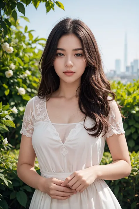 a woman in a white dress standing in front of a bush