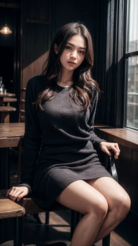 a woman sitting on a chair in a restaurant wearing a black dress