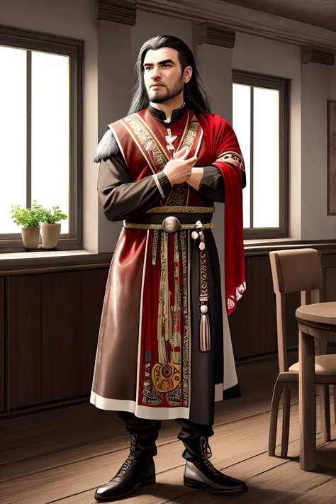 (full body) ([ancient roman|native american] style:1.25) (male) (dwarf:1.2) (priest:1.2) (leather outfit:1.25) (building interio...