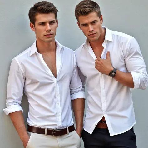 two men in white shirts and black pants standing next to each other