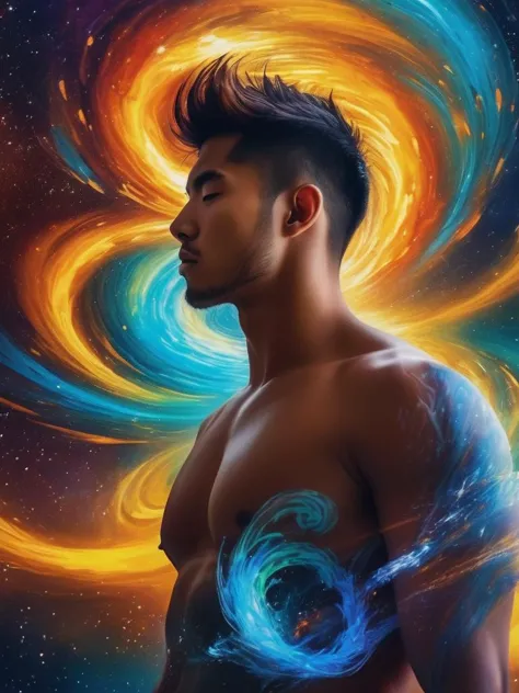 a man with a blue and yellow swirl around his body