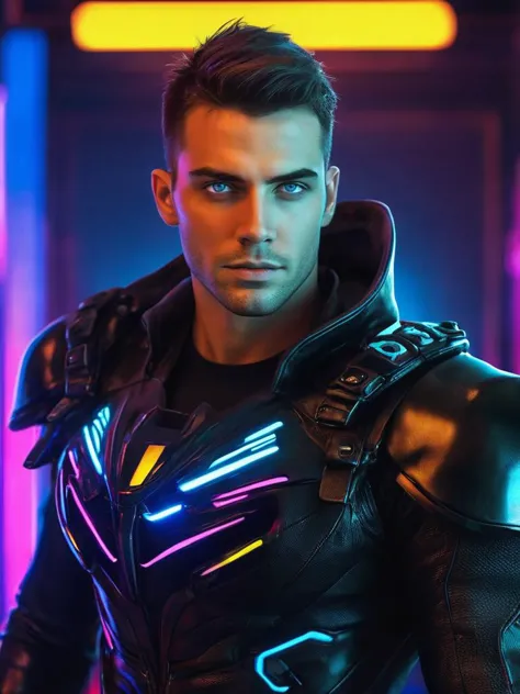 a man in a futuristic suit with neon lights on his chest