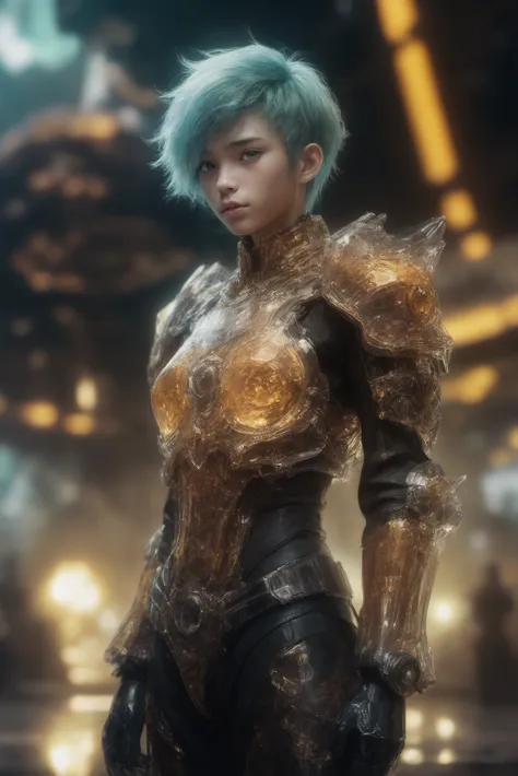 a woman with blue hair and a gold outfit stands in front of a city