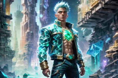 <lora:EnvyCrystalTechXL01:1>scifi, crystalline technology, emerald digital painting, warlike cottagecore man, (full body:1.2), 1boy, man, handsome, solo, [:outlandish costume design,:0.2] star admiral, denim jacket, caucasian, lightcyan hair, (slim:1) build, a whimsical,ruined fantasy vertical metropolis edge of reality, masterpiece