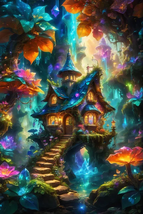 in a hyper-realistic and surreal dreamlike fantasy scene, a magical crystal cottage stands in the heart of an enchanting forest....