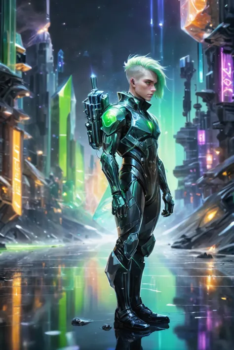 photograph, scifi, crystalline technology, diamond digital painting, epic <lora:EnvyCrystalTechXL01:1> (full body:1.2), 1boy, man, handsome, solo, [:creative costume design,:0.2] cyber sniper, caucasian, neon green hair, (solid:1.2) build, whimsical scifi city at the beginning of the universe