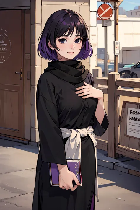 anime girl with purple hair and black dress standing on sidewalk