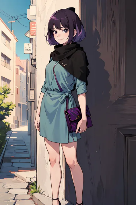 anime girl in blue dress standing on sidewalk next to building