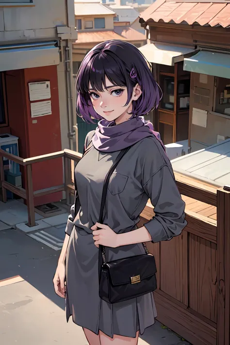 anime girl in a gray dress and purple scarf standing in front of a store