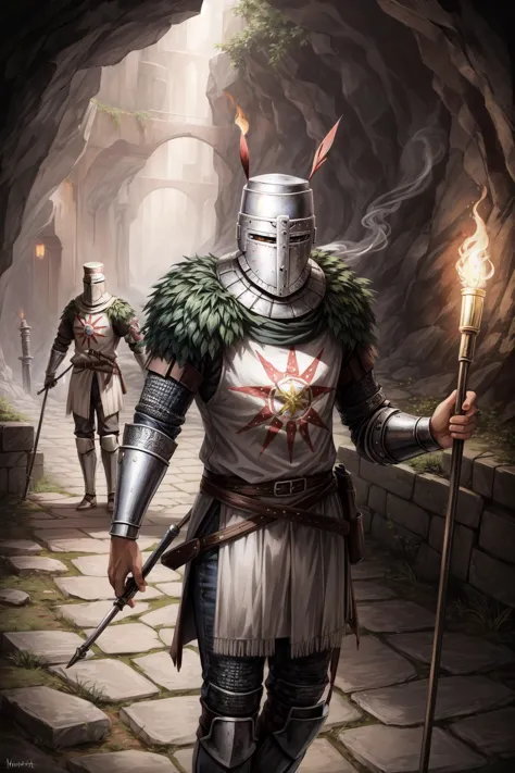 a man in armor holding a torch and walking down a path