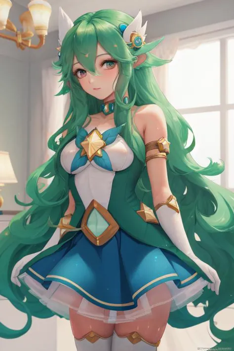 a woman with long green hair and a blue dress