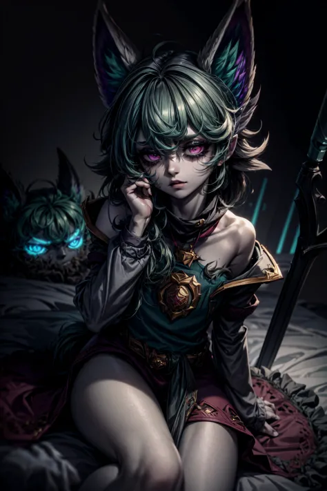 masterpiece,high quality,best quality,4k,super detailed,4k,focus sharp, (vex) league of legends,(grey skin:1.4),1girl,small,small body,small legs,yordle,green hair,short hair,(black coat),dark red short pants,eyeshadow,laying,on back, on bed,(messy hair:1.6),(sleepy face),yawning, <lora:vex3-000007:1>, <lora:add_detail:0.9>