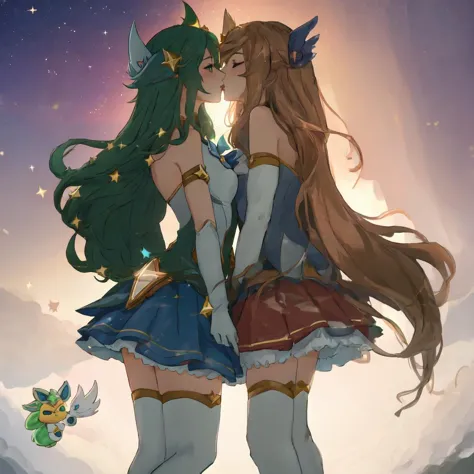 ((2girls kissing)), IncrsAhriSG skirt, zettai ryouiki <lora:AhriStarGuardian:0.7> AND
((2girls kissing)),soraka \\(league of legends\\), star guardian \\(league of legends\\), star guardian soraka, league of legends, highres, alternate costume, alternate eye color, ((alternate hair color)), alternate hairstyle, (green hair), asymmetrical gloves, green hair, long hair, solo, tall, thighhighs, uneven gloves <lora:star_guardian_soraka-000035:1>