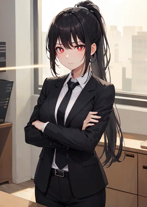 solo, 1girl, expressionless, closed mouth, crossed arms, long black hair, ponytail, sidelocks, red eyes, glowing eyes, bright pupils, black suit, white collared shirt, necktie, black pants, office space, office interior, light shaft, light rays, cowboy sho...