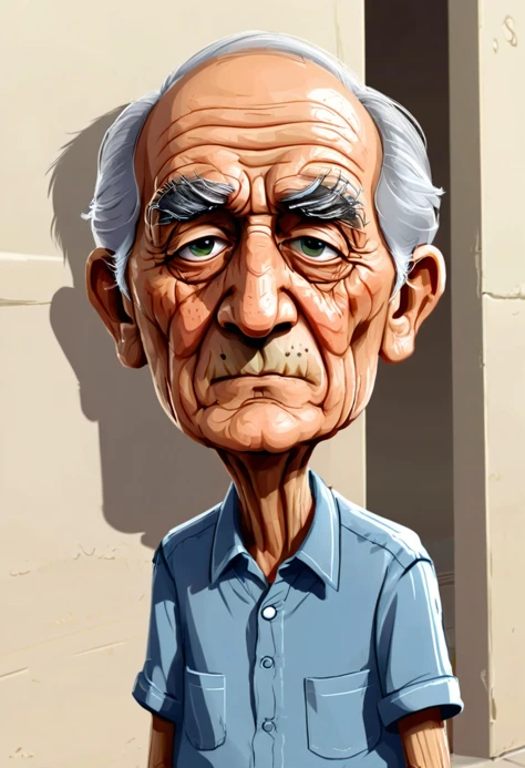 A vector cartoon illustration of an elderly man with wrinkles on his face, each line telling its own story. His eyes are kind and wise, and his lips are slightly pursed as if he has something to say. He is wearing a blue shirt and khaki pants. The background is a simple white wall with a window in the corner. The sun is shining outside, casting light on the man's face. The lines on his face are deep and pronounced, telling of a life full of experiences both good and bad. They are weathered by time's hand, but they also speak of a life well-lived.