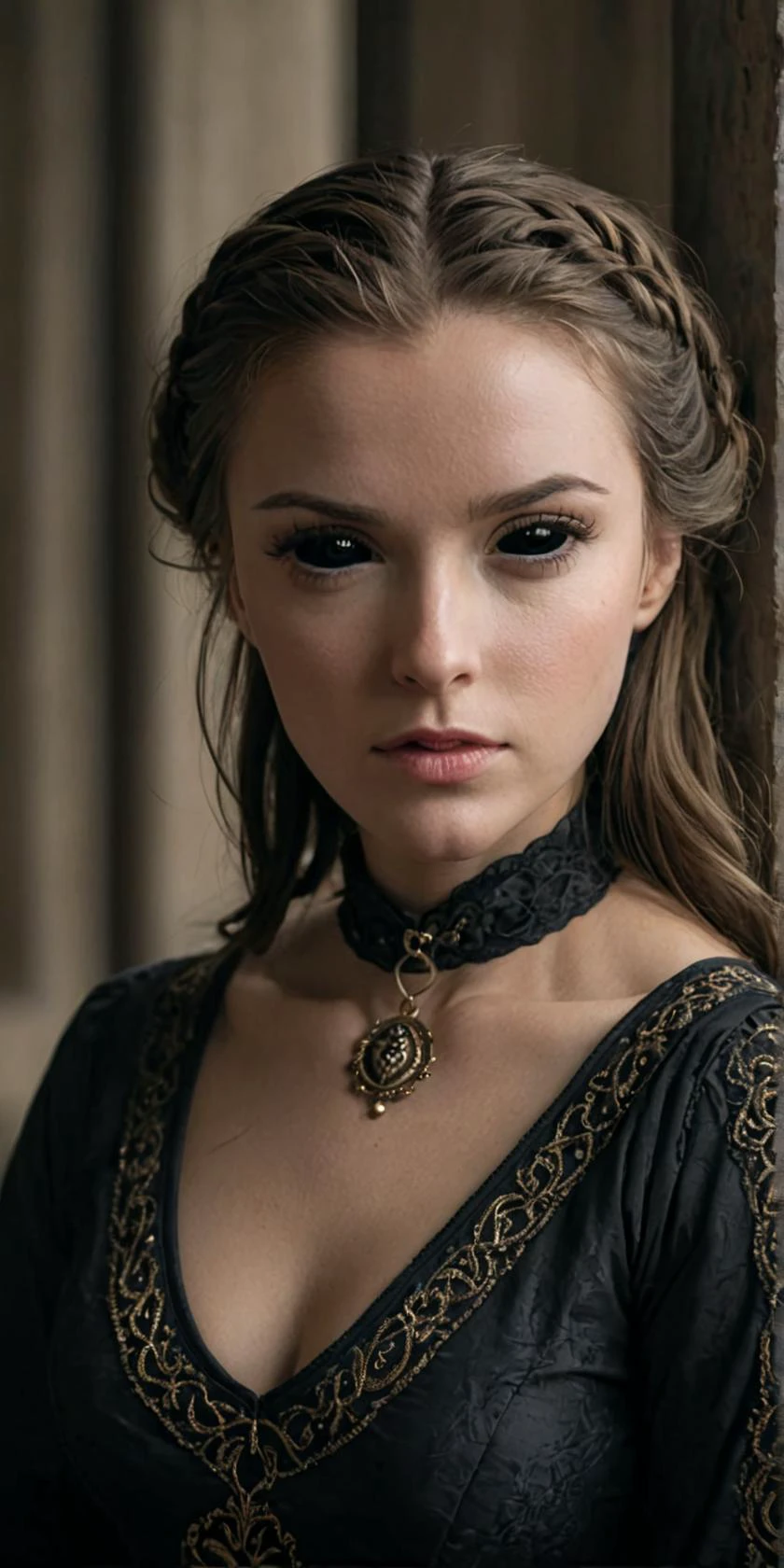 (sharp focus cinematic dramatic 8k photo high quality:1.1),
portrait of a cute woman with black sclera eyes wearing a medieval dress